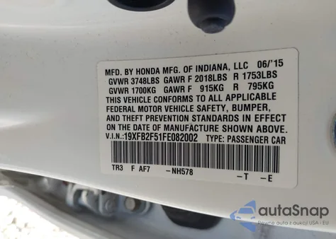 2015 Honda Civic Lx from USA, damaged, VIN 19XFB2F51FE082002